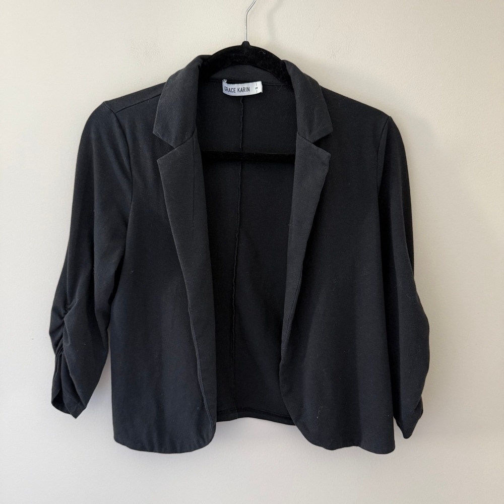 Grace Karin Womens Black Ruched 3/4 Sleeve Open Front Blazer Jacket Small